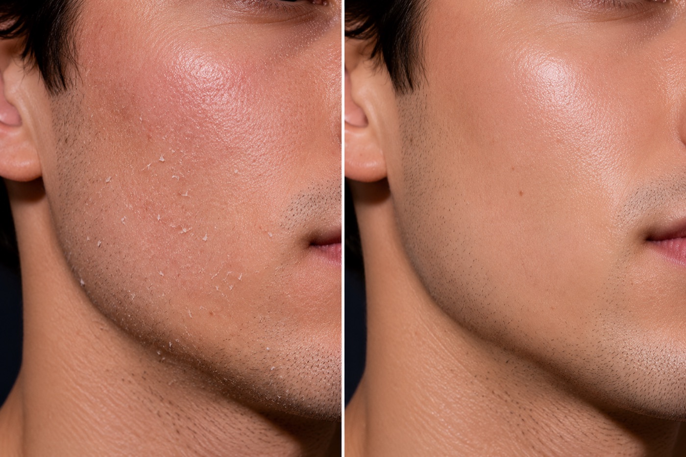 One Vellume user's skin before and after forty days — left, red and uneven texture; right, calmer and smoother