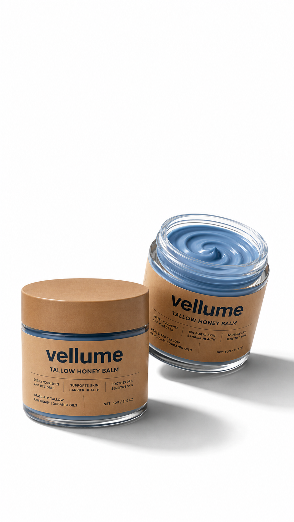 Vellume Tallow Honey Balm, two kraft jars, one open showing the blue balm inside