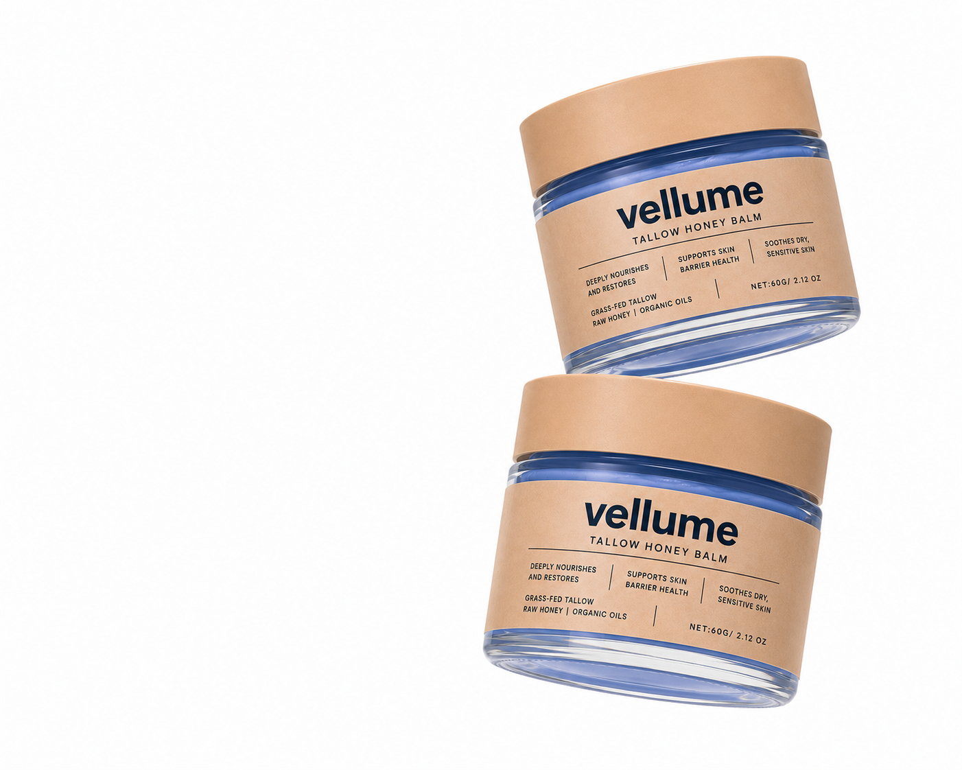 Two Vellume Tallow Honey Balm jars floating against periwinkle